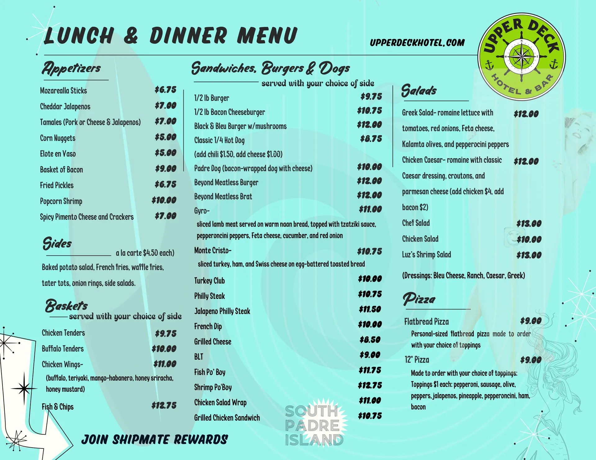 Lunch and Dinner menu upperdeck hotel and bar south padre island